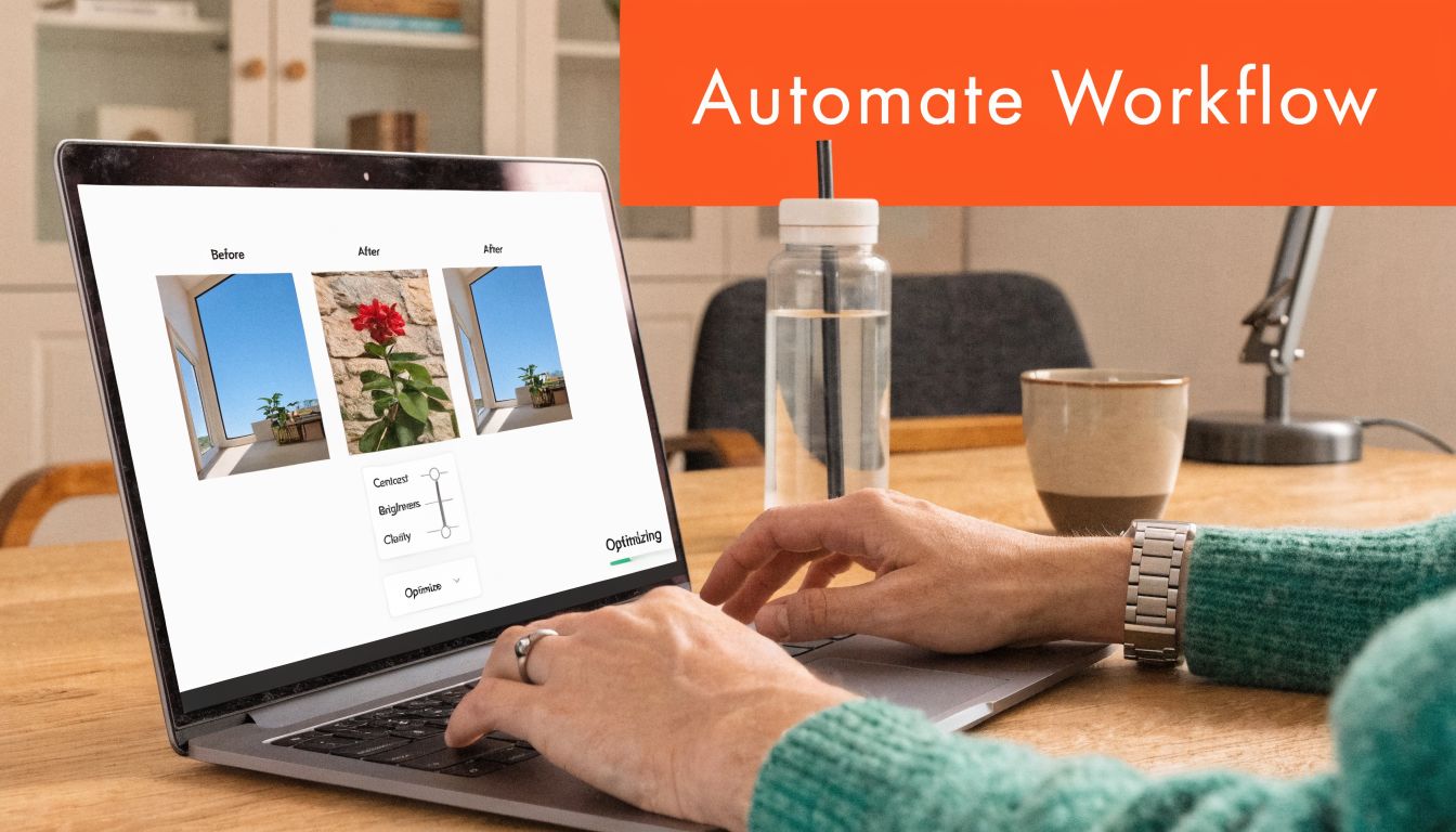 A person using real estate photography software on a laptop to edit photos of building interiors.