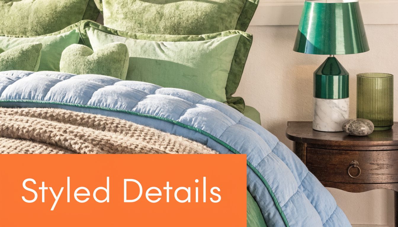 A cozy bedroom vignette featuring a light blue quilted throw blanket, green pillows, and a green lamp.