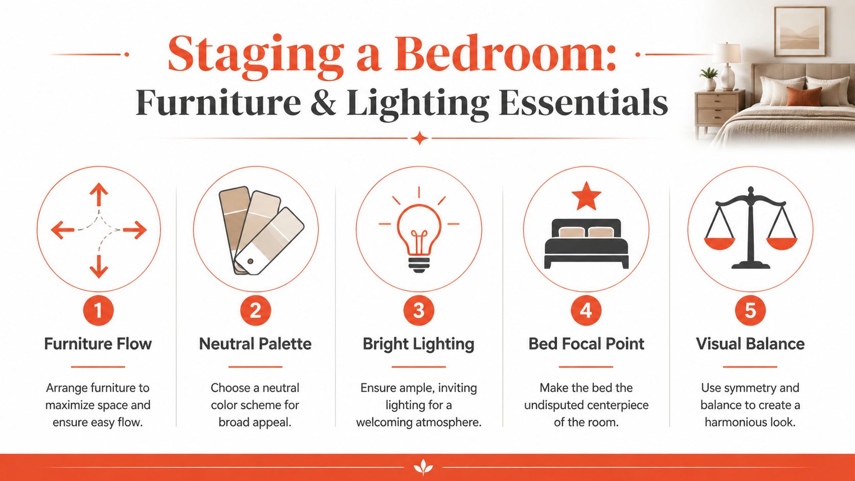 An infographic detailing five key steps to effectively stage a bedroom for maximum property appeal.