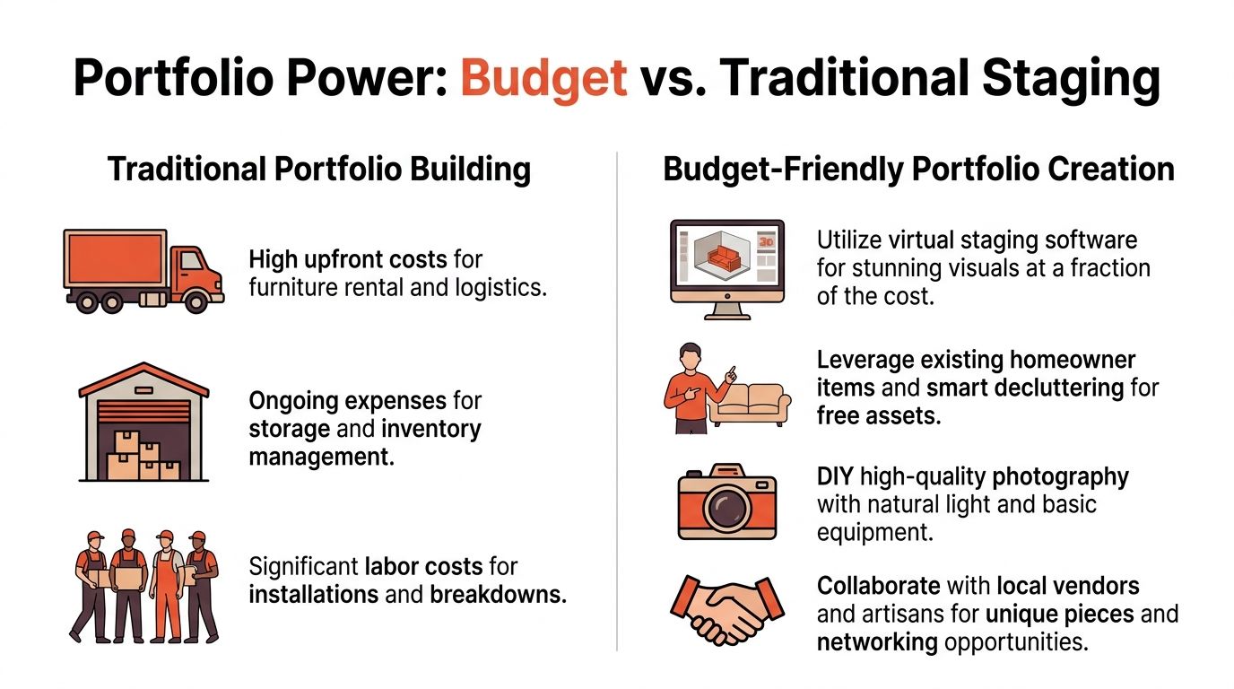A comparison chart showing the differences between traditional portfolio building and budget-friendly home staging methods.