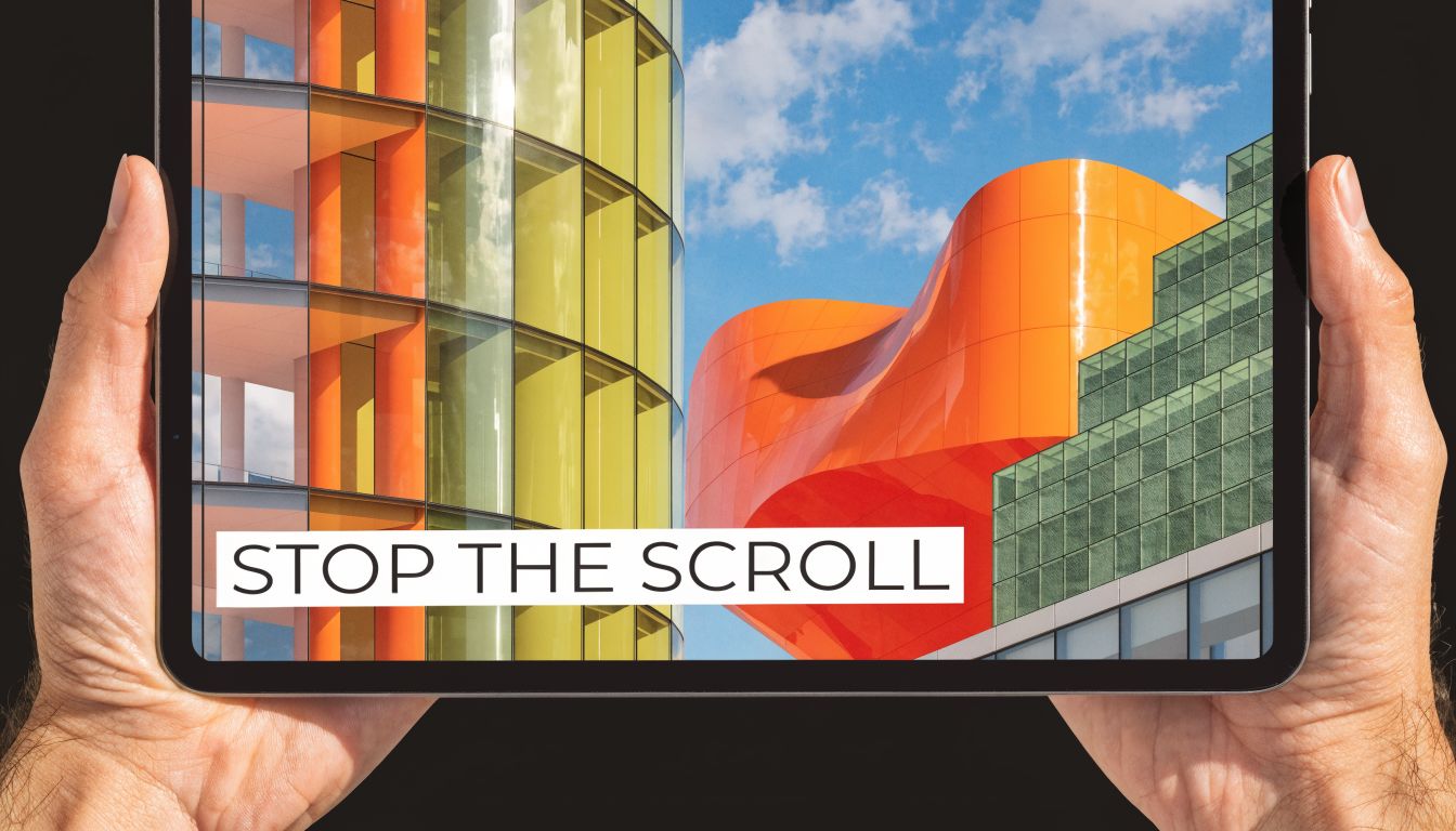A tablet held in hands displaying a vibrant architectural photograph with the text STOP THE SCROLL.