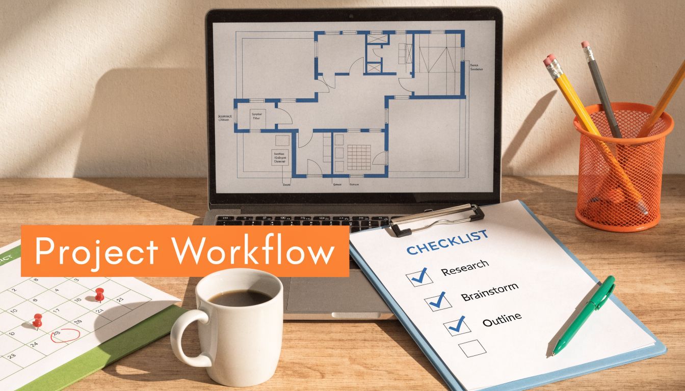 A professional workspace featuring a laptop with a floor plan, a project checklist, and a calendar.