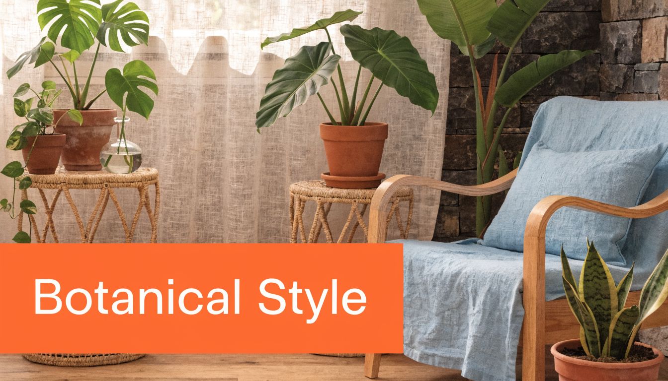 A cozy, sunlit corner featuring a wooden chair, woven plant stands, and various lush indoor potted plants.