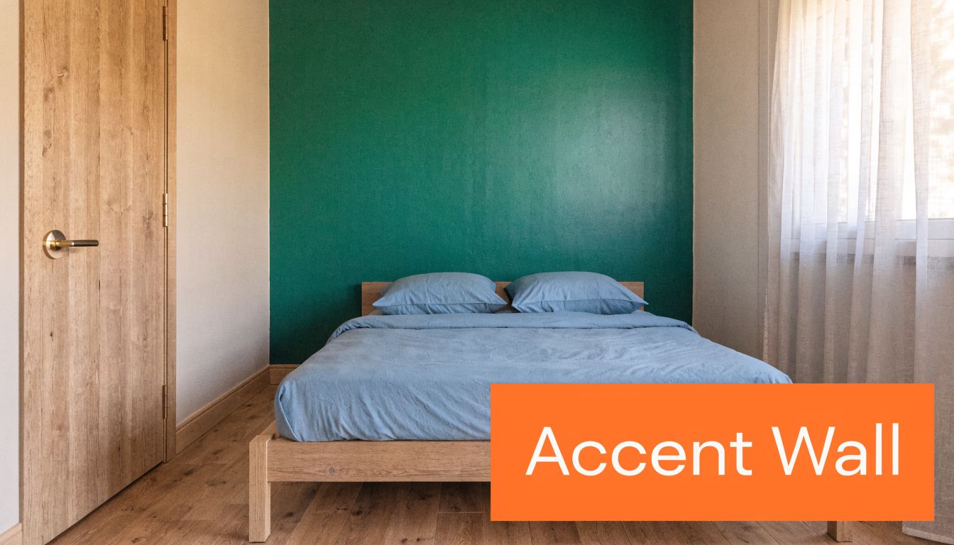 A modern bedroom featuring a vibrant green accent wall behind a minimalist wooden bed frame.