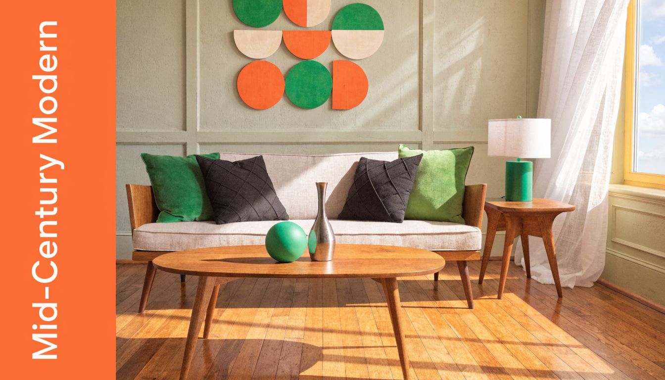 A mid-century modern living room featuring a wooden sofa with green and black pillows and circular wall art.