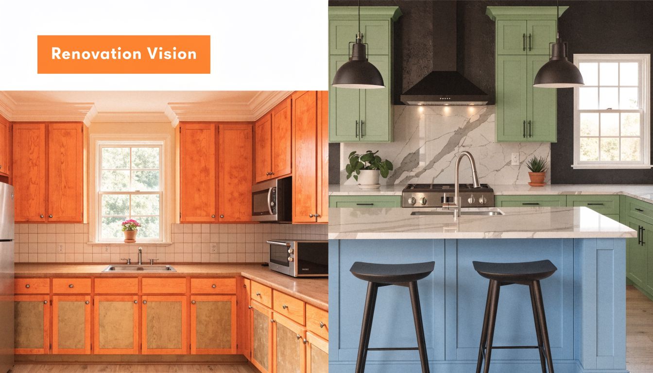 A split image showing a dated wood kitchen before renovation and a modern updated kitchen after renovation.