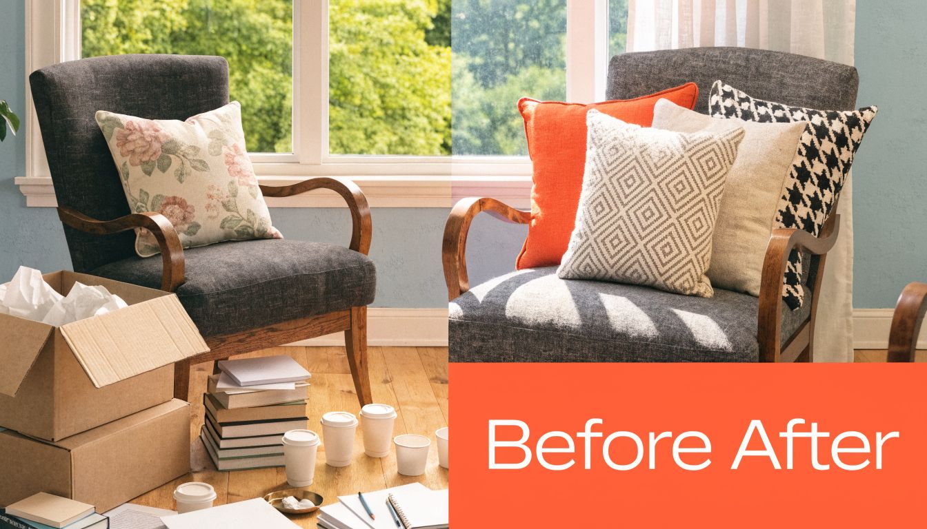 A split-screen comparison showing a cluttered chair before staging and a stylishly decorated chair after professional staging.