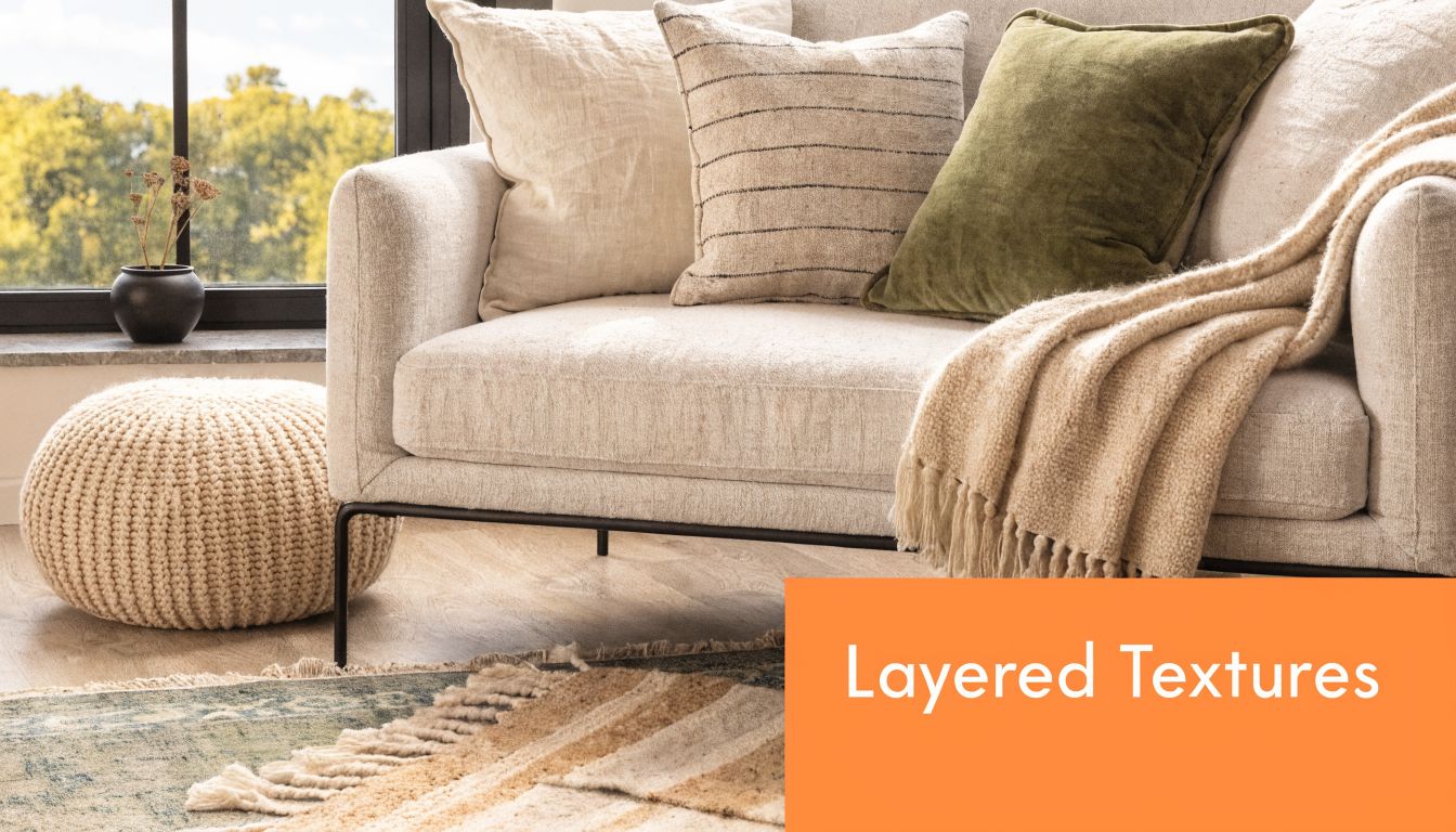 A cozy grey and white living room featuring a textured sofa, layered rugs, and decorative accent pillows.
