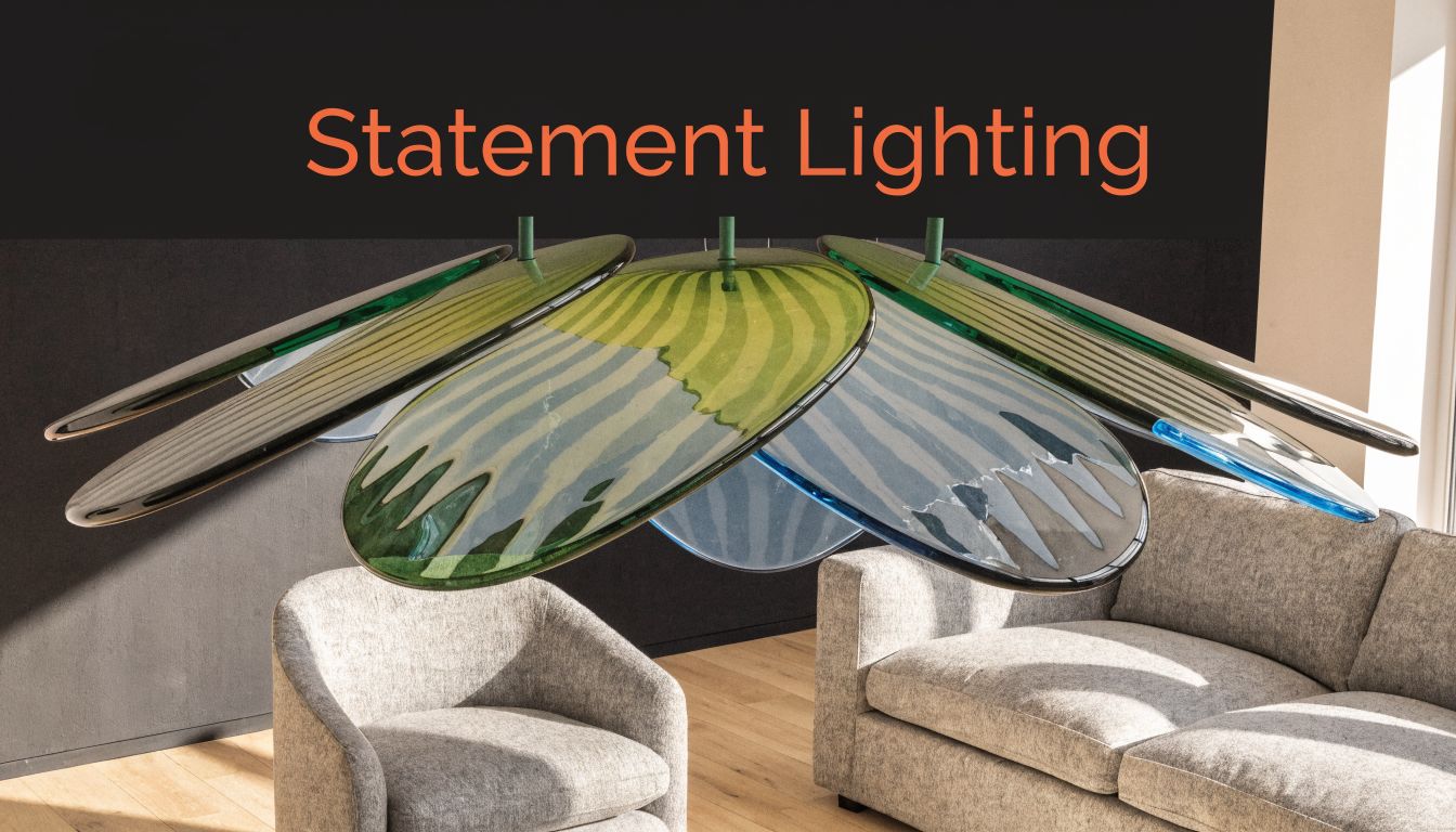A modern grey and white living room featuring a unique sculptural multi-colored glass pendant statement light.