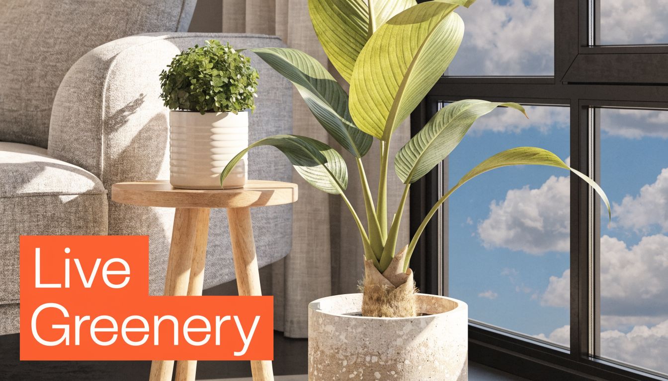 A modern grey and white living room featuring a wooden side table with plants near a window.