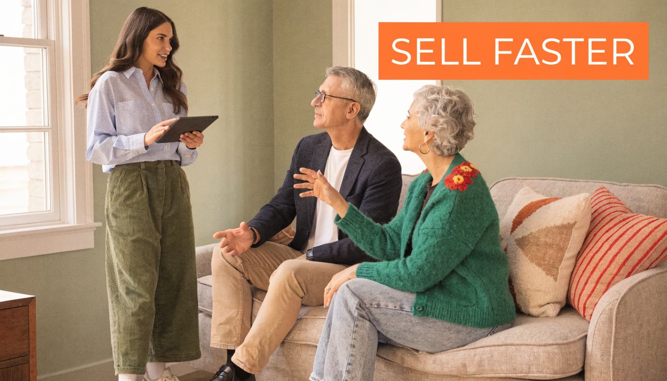 A real estate agent discusses a digital document with an older couple seated on a living room sofa.