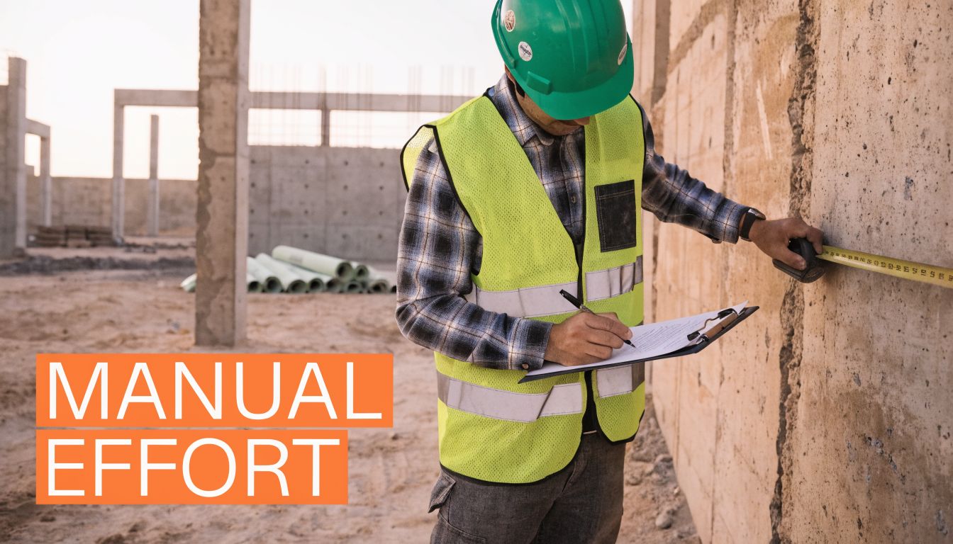 A construction worker in a high-visibility vest and hard hat measuring a concrete wall on a site.