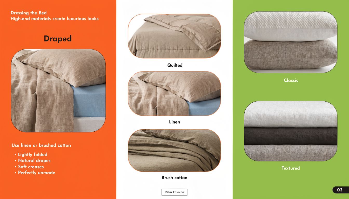 A design layout displaying bedding styles including draped, quilted, linen, brush cotton, classic, and textured bed linens.