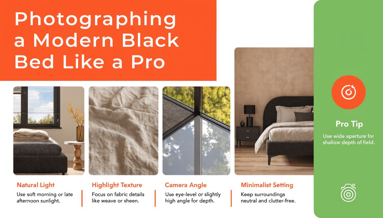 A guide on how to photograph a modern black bed, including tips on lighting, texture, and angles.