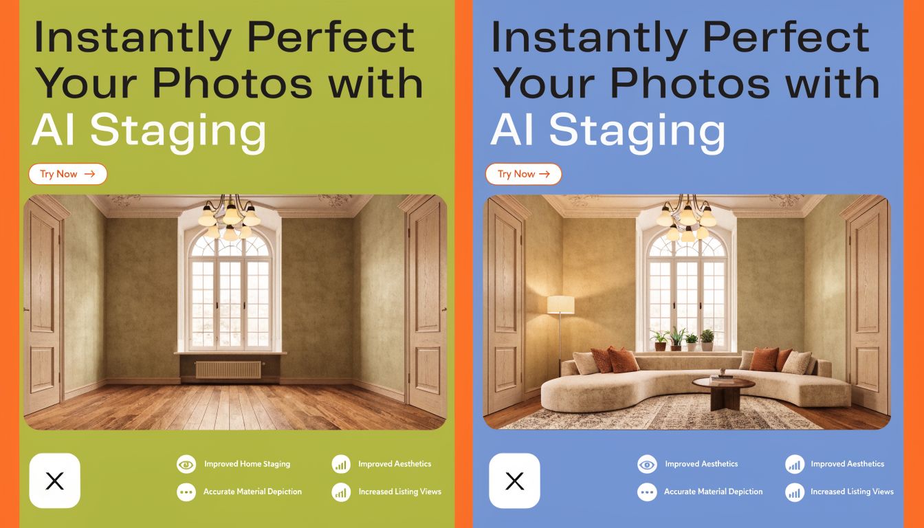 A split comparison showing an empty room transformed into a furnished space using AI staging technology.