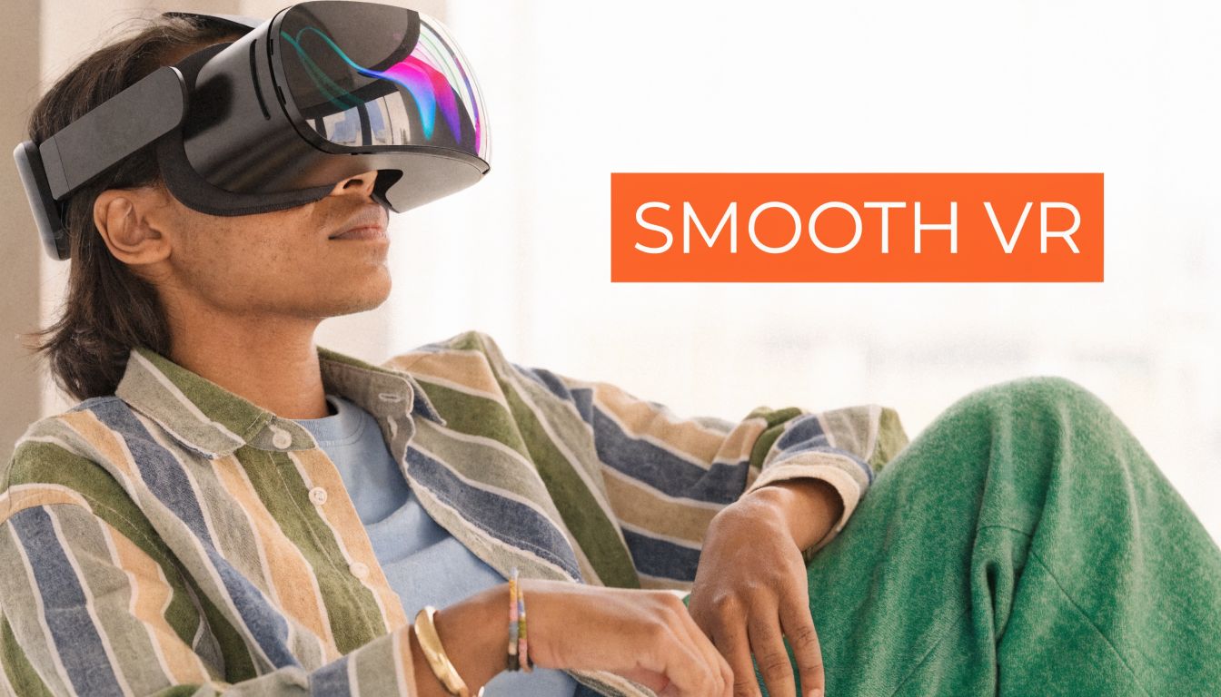 A person wearing a virtual reality headset while relaxing in a casual setting at home.