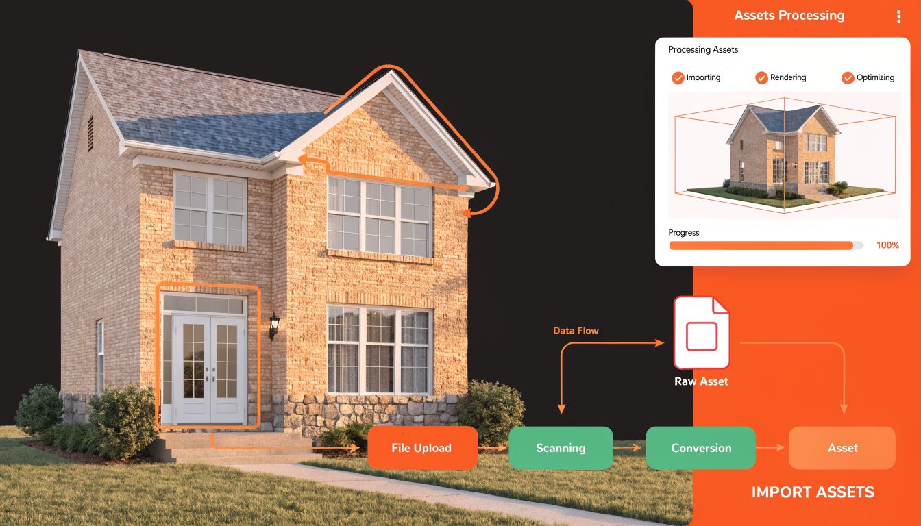 A 3D house model undergoing an automated digital assets processing and import workflow in a virtual environment.