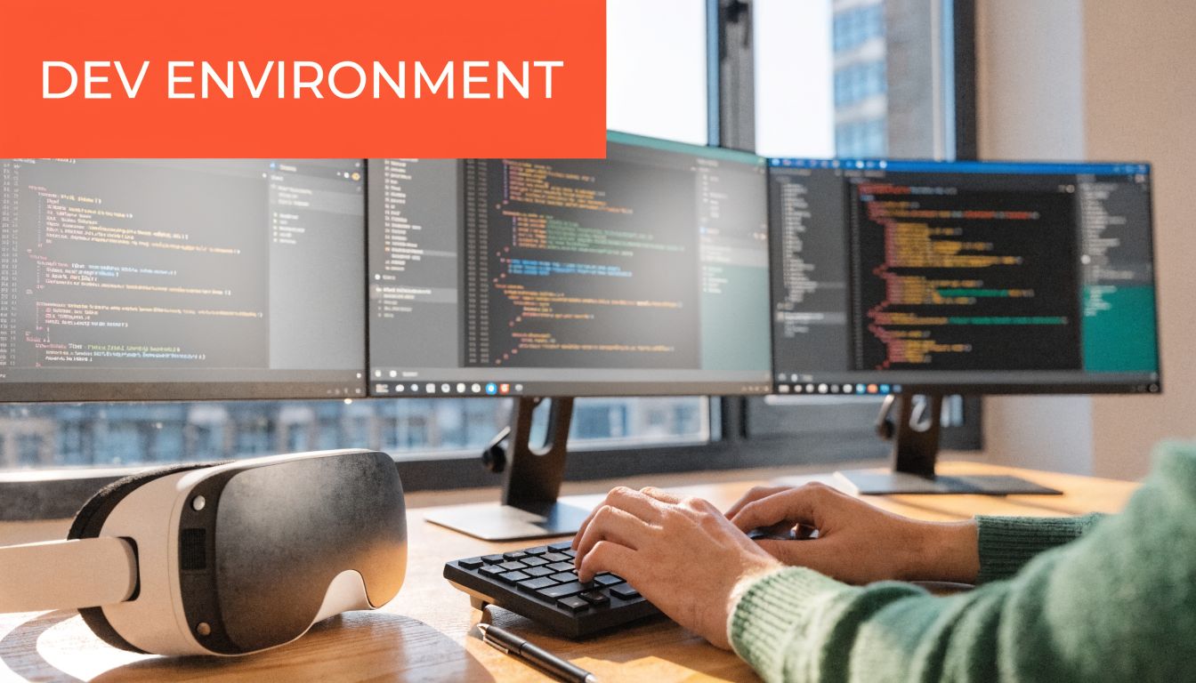 A developer working on code across multiple computer monitors with a VR headset sitting nearby.