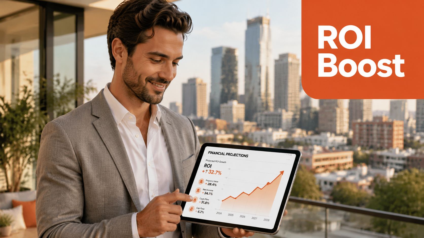 A professional man holding a digital tablet displaying positive financial growth projections against a city skyline.
