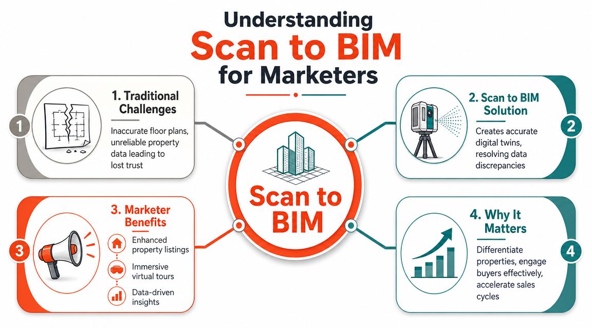 An infographic titled Understanding Scan to BIM for Marketers displaying four key aspects of the technology.