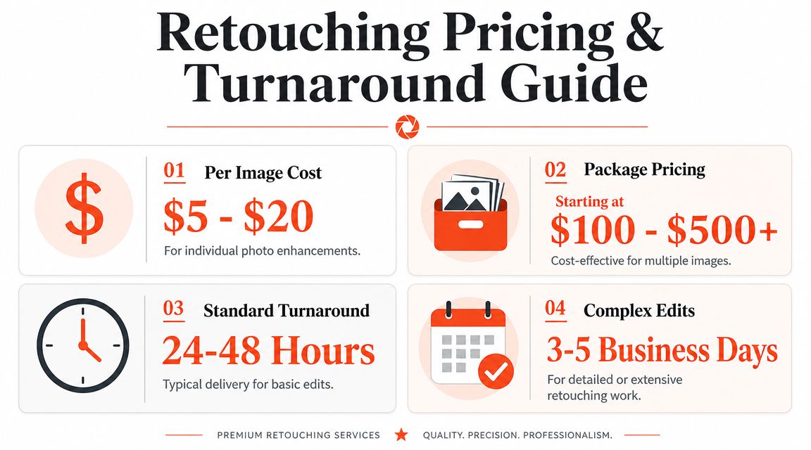 A professional retouching pricing and turnaround guide infographic showing cost and delivery time options for editing services.
