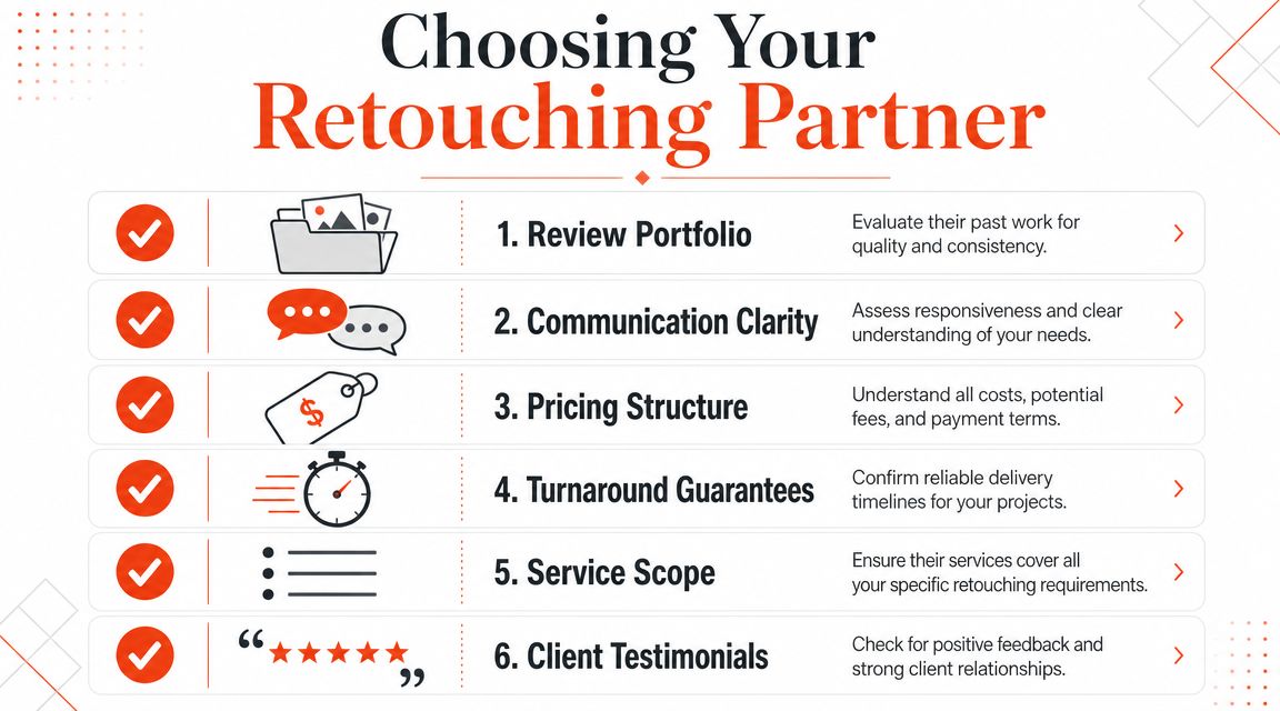 A checklist titled Choosing Your Retouching Partner with six steps for selecting a professional photo retouching service.