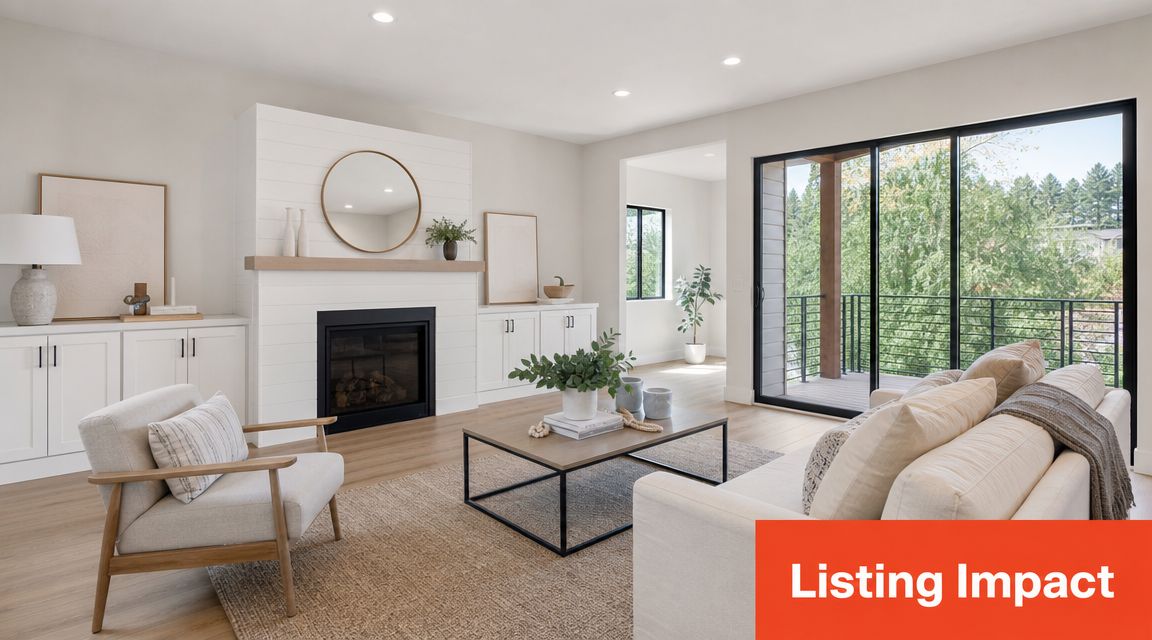 A modern, bright living room featuring a fireplace, minimalist furniture, and large sliding doors overlooking trees.