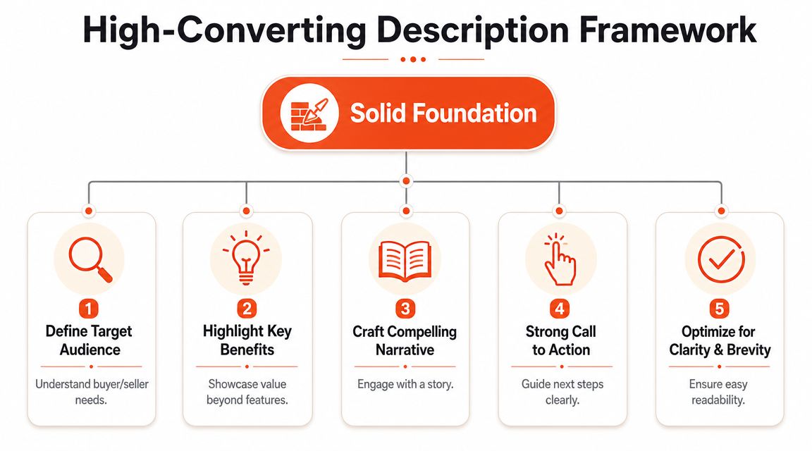 A diagram outlining a five-step high-converting description framework for creating effective business or real estate content.