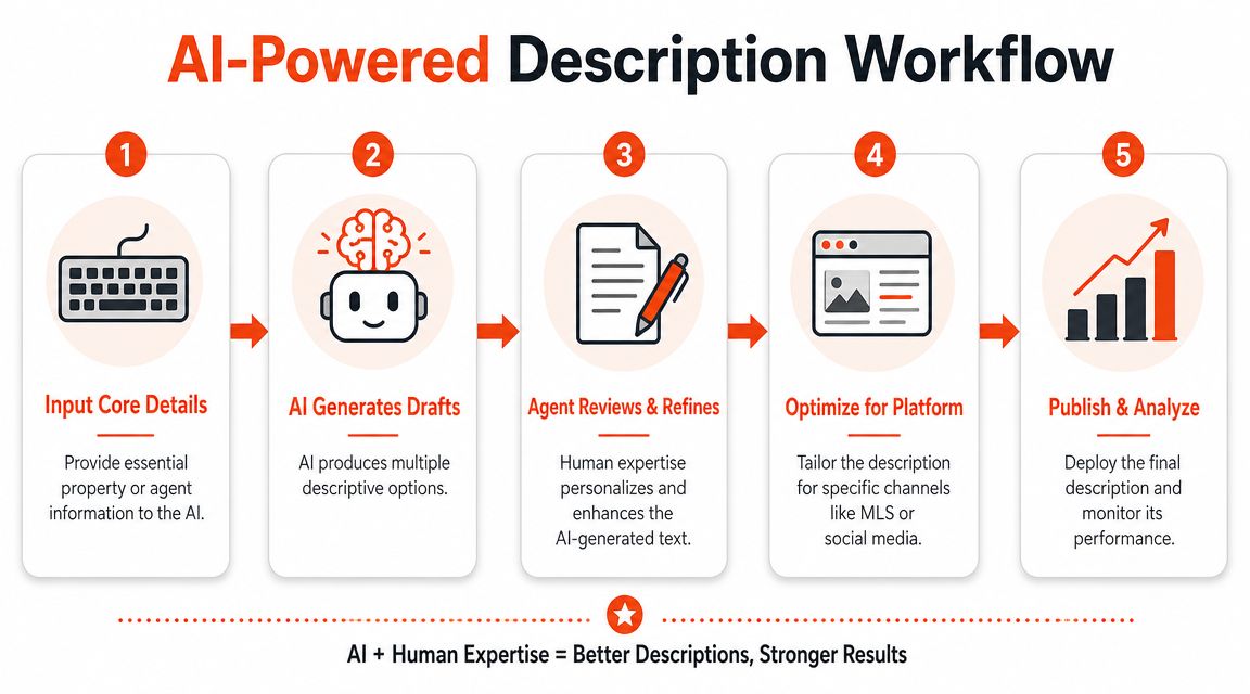 A five-step AI-powered workflow diagram for real estate agents to create and publish property descriptions efficiently.