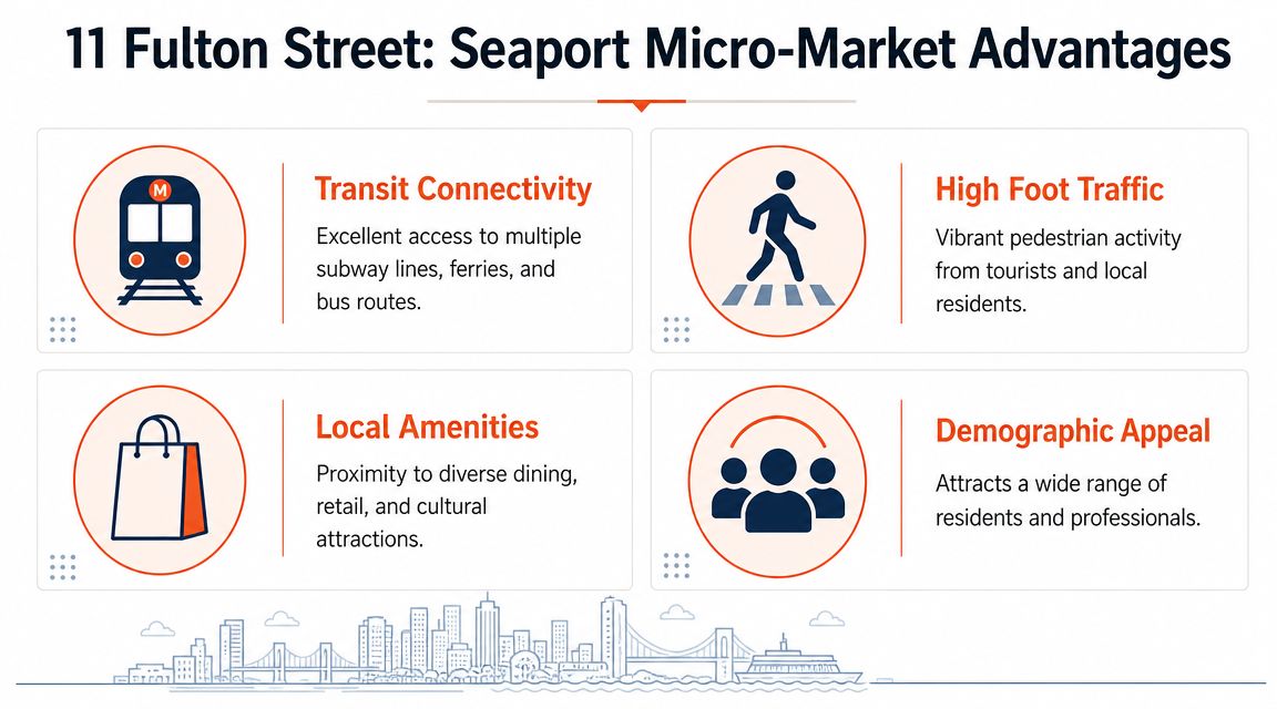 An infographic highlighting the strategic micro-market advantages of 11 Fulton Street, including transit, traffic, amenities, and demographics.