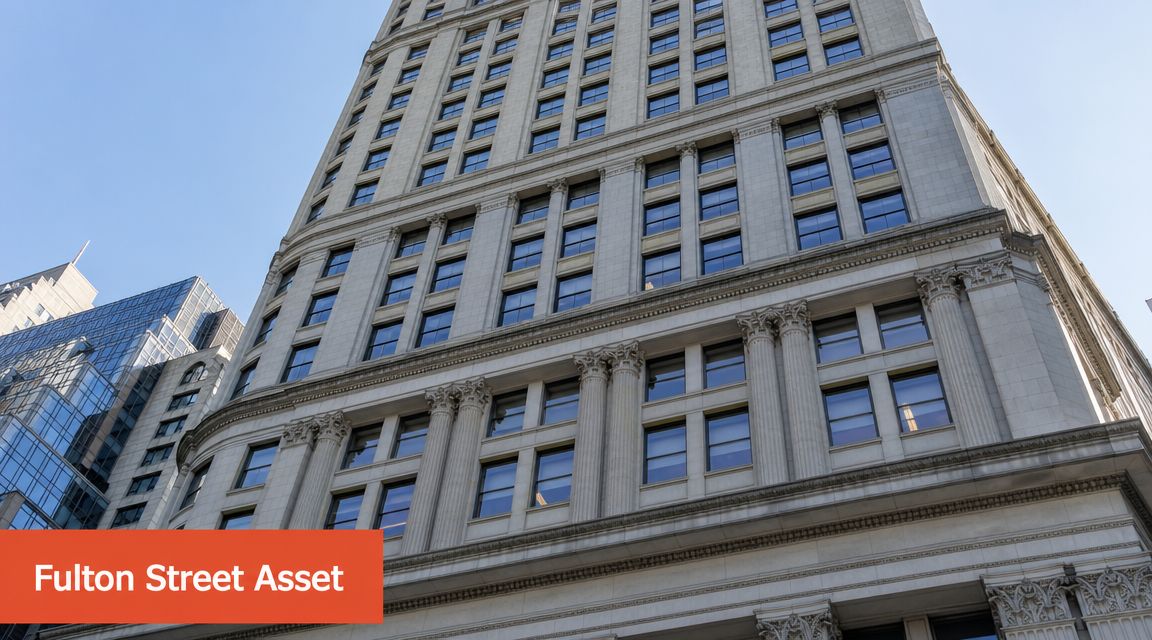 A low-angle view of the historic neoclassical facade of 11 Fulton Street in New York City.