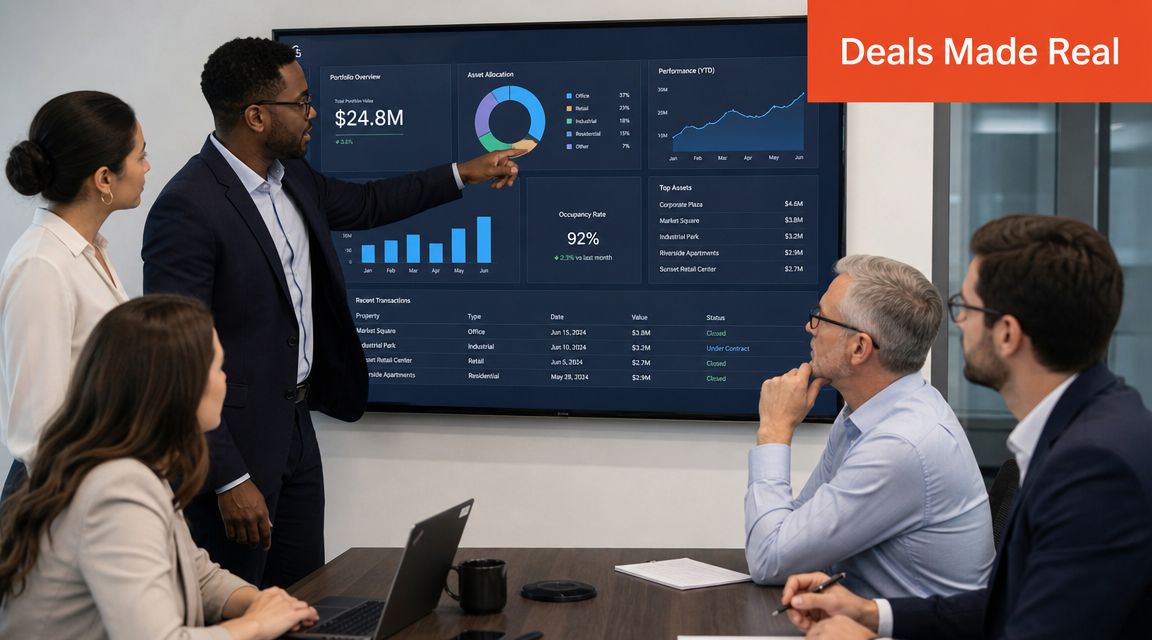 A professional business team discusses real estate portfolio data on a large wall-mounted digital display screen.