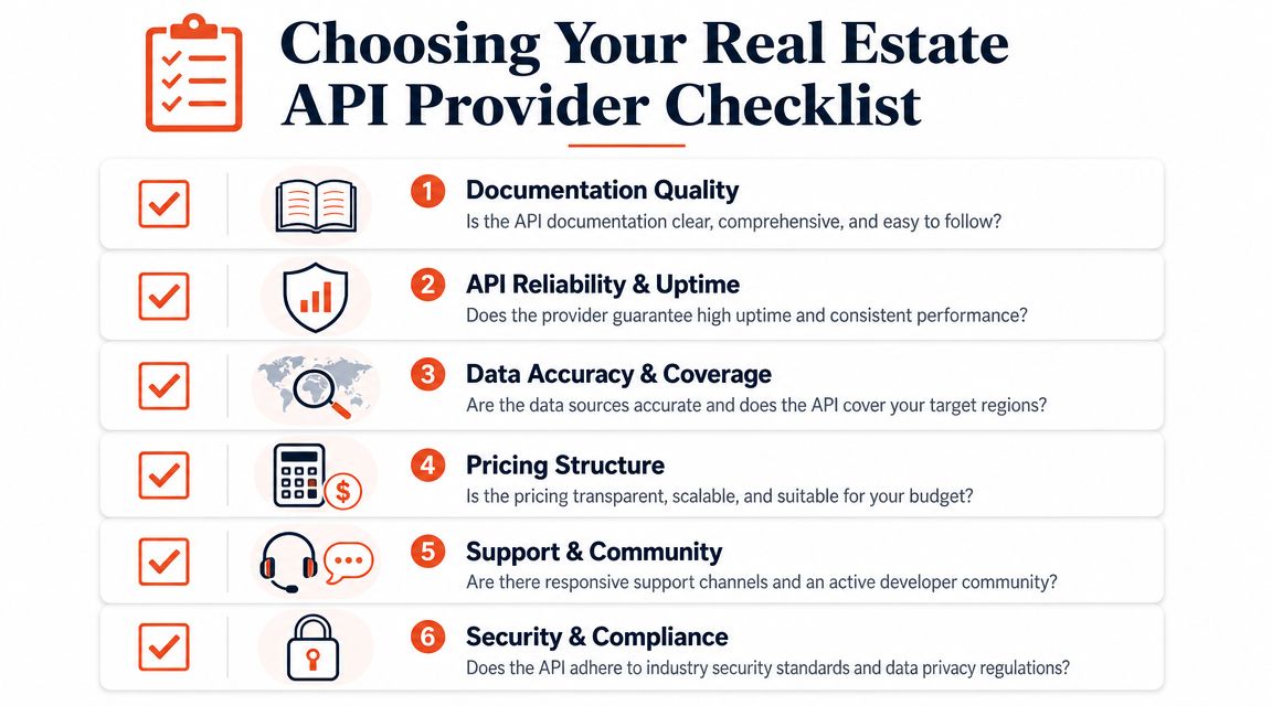 A checklist infographic titled Choosing Your Real Estate API Provider detailing six essential evaluation criteria.