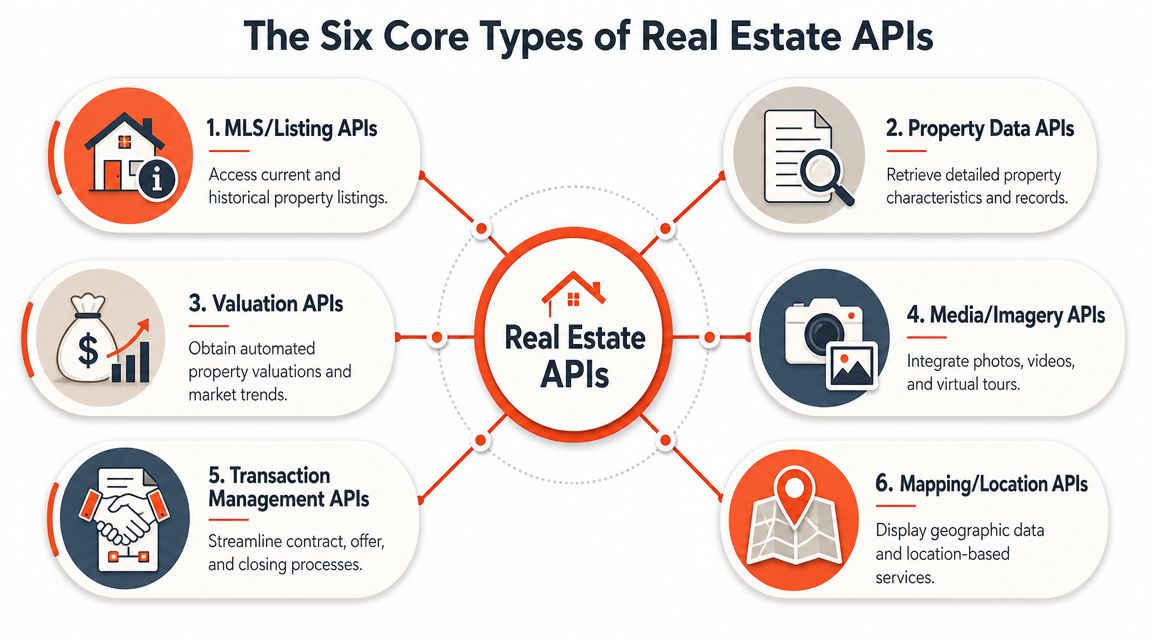 A diagram outlining the six core types of real estate APIs for property data and transaction management.