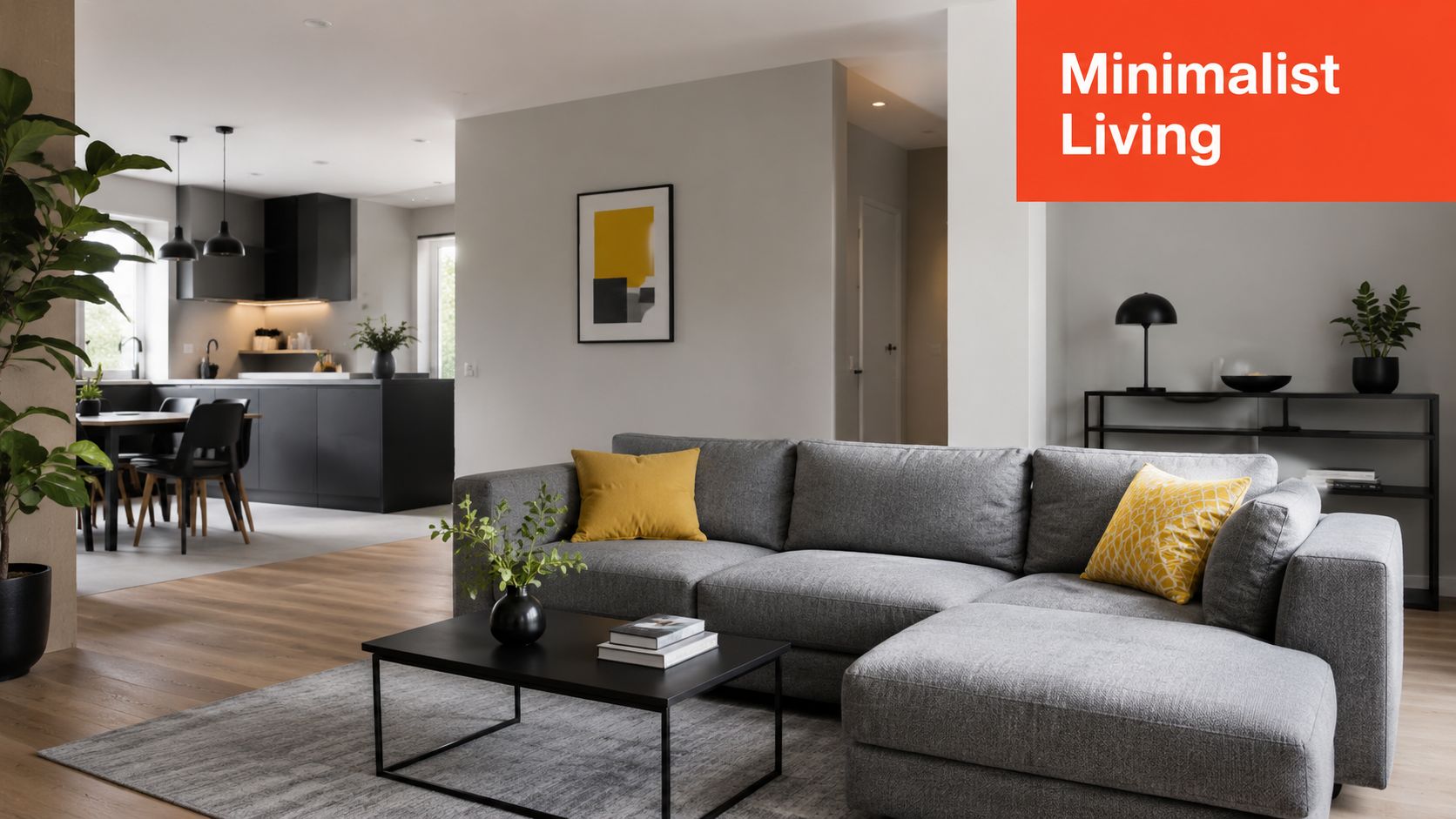 A modern minimalist living room featuring a grey sofa with yellow cushions and a black coffee table.