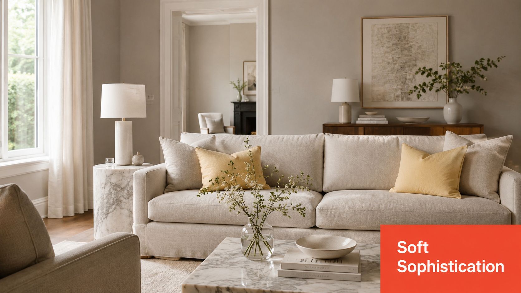 A sophisticated living room featuring a neutral beige sofa accented with bright yellow pillows and marble furniture.