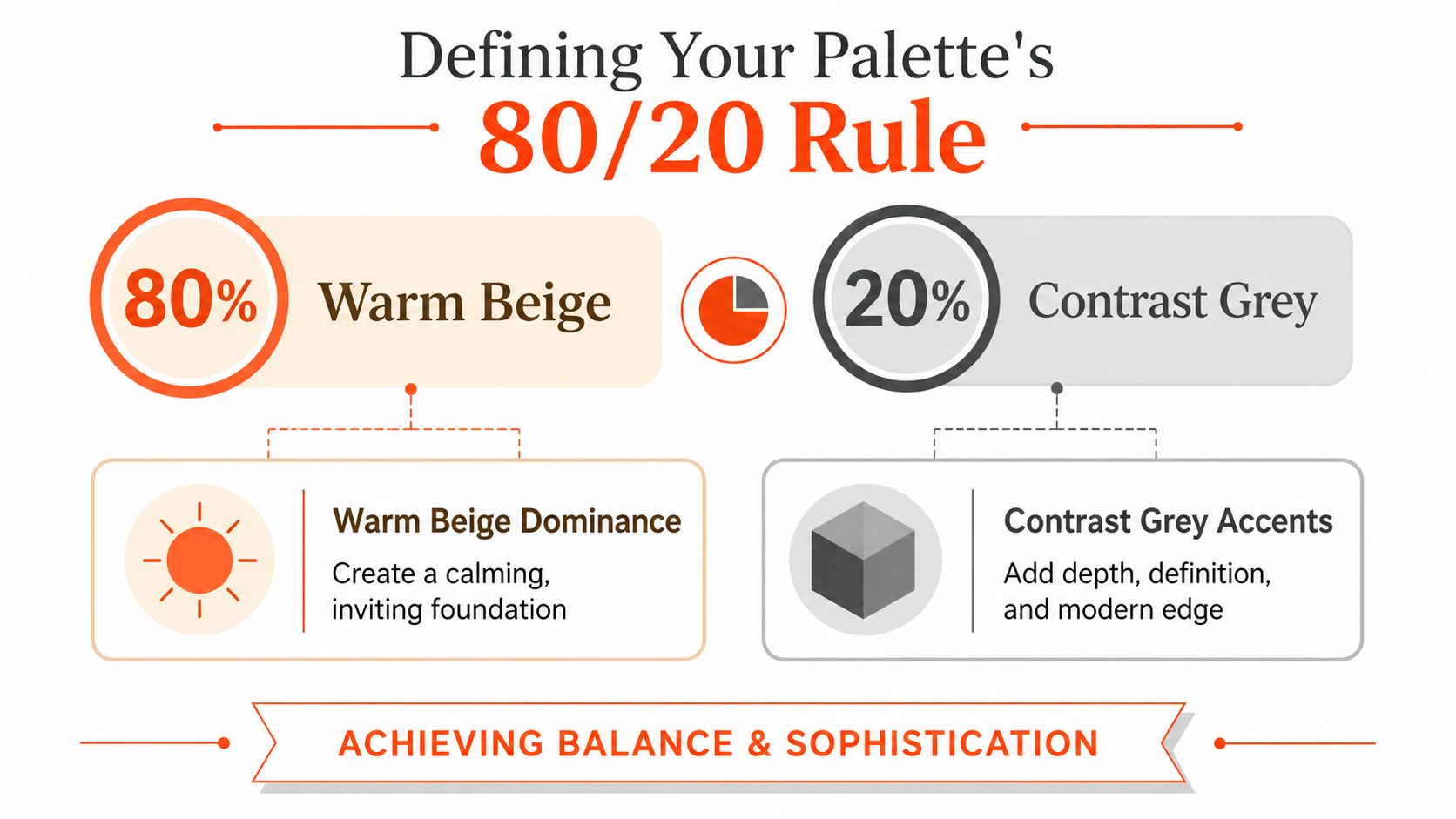 An infographic explaining the 80/20 color rule using warm beige as the dominant base and grey accents.