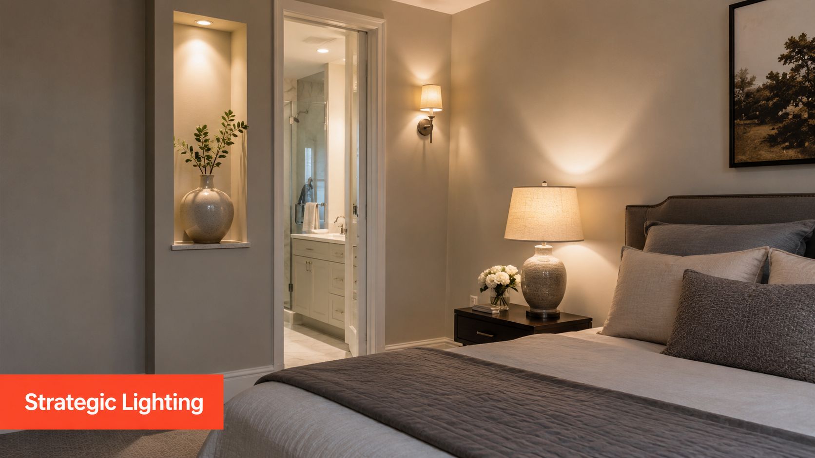 A cozy bedroom with a beige and grey color scheme, warm bedside lamp lighting, and an attached bathroom.