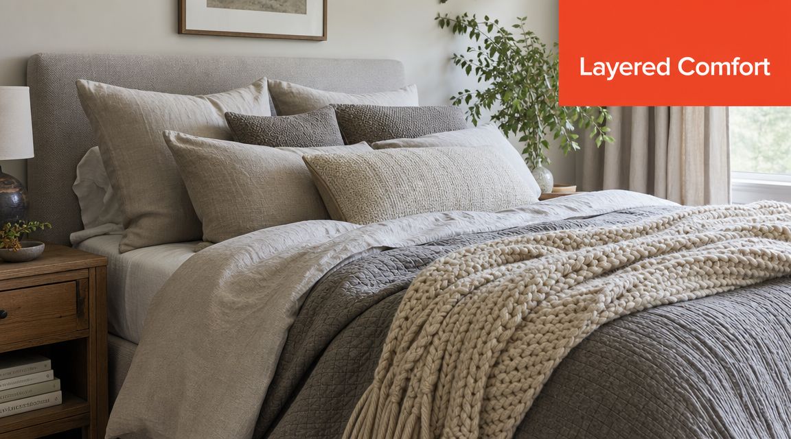 A cozy bedroom featuring layered neutral textiles with beige and grey bedding, a chunky knit throw, and pillows.