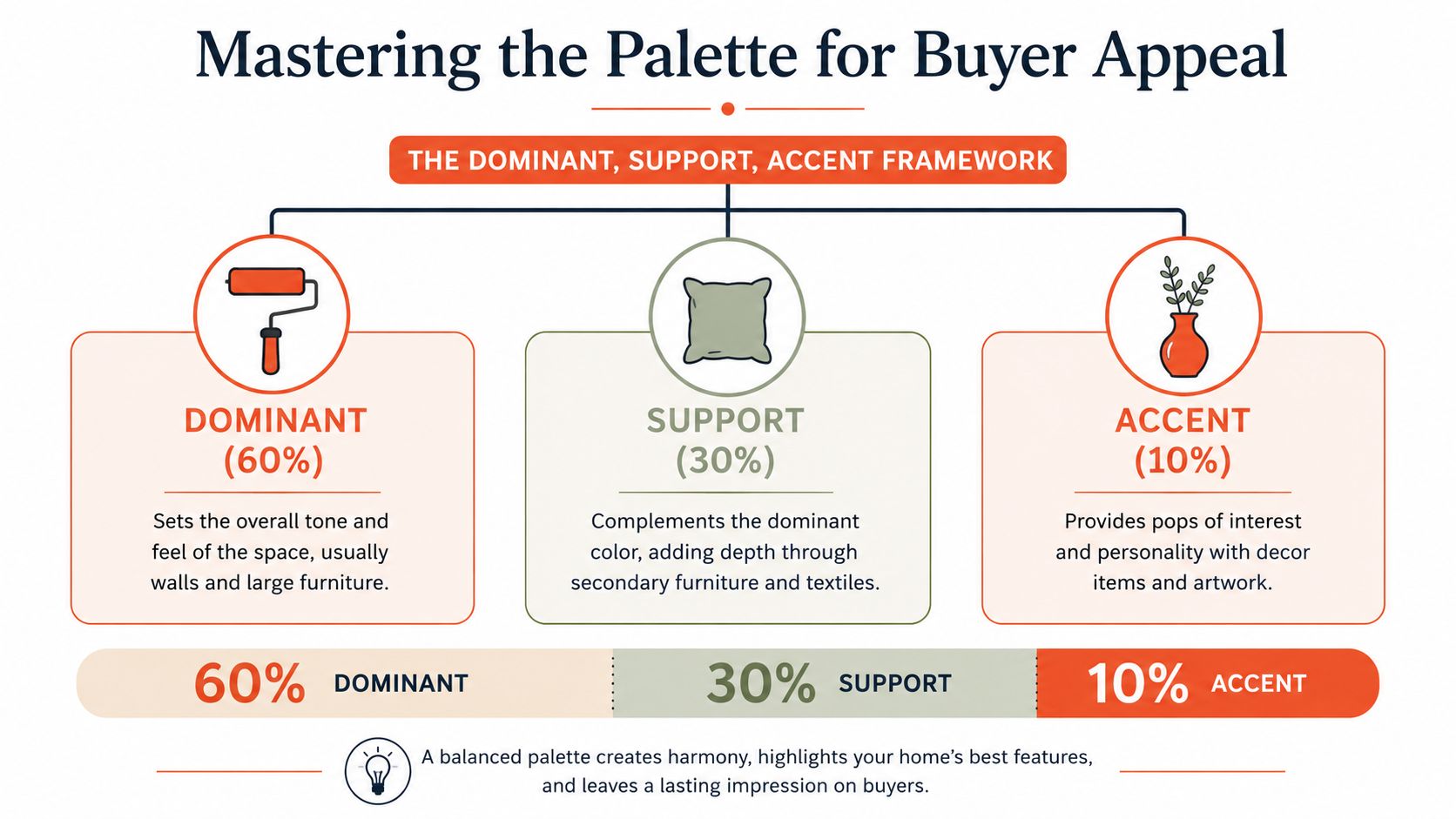 A diagram titled Mastering the Palette for Buyer Appeal illustrating the 60-30-10 color rule for home staging.