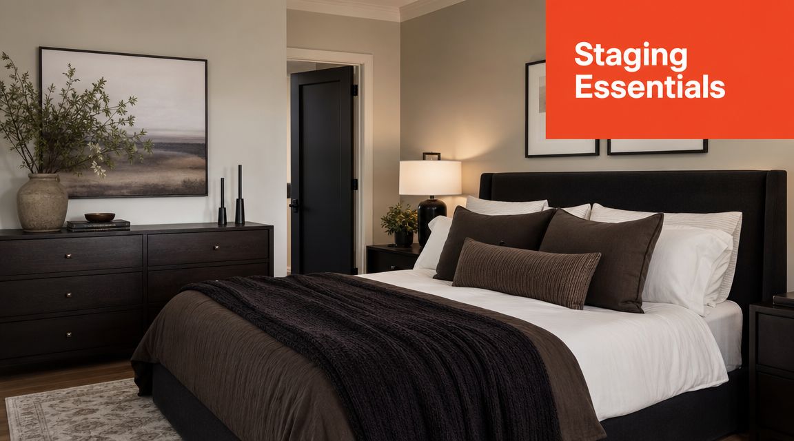 A modern and elegant bedroom featuring a brown and black theme with sophisticated furniture and home decor.