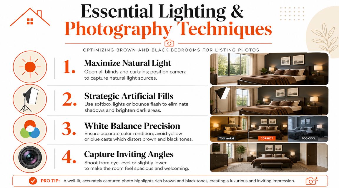 An infographic titled Essential Lighting and Photography Techniques providing tips for photographing brown and black bedrooms.