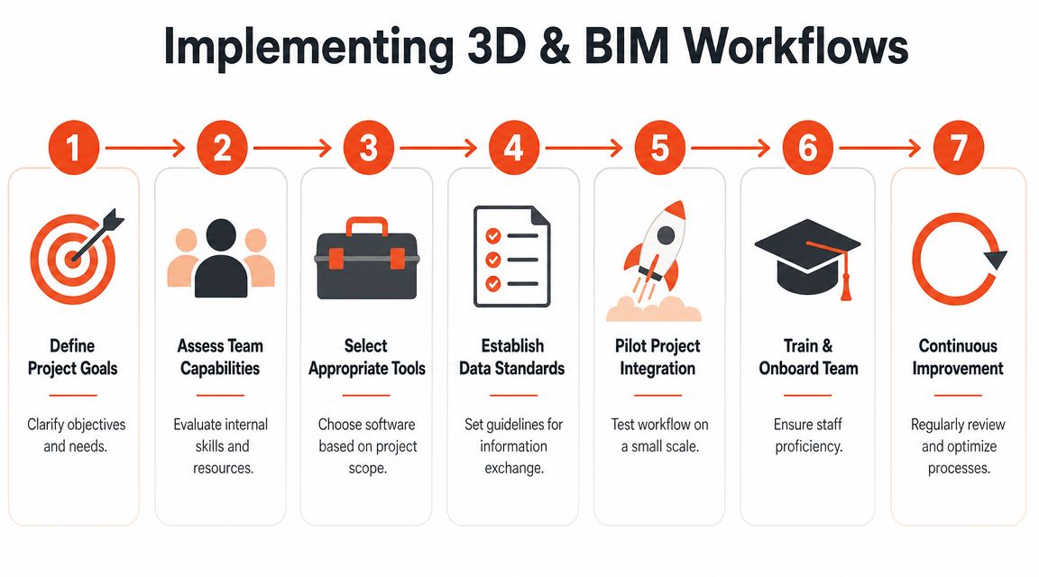 A flowchart showing seven steps for implementing 3D and BIM workflows in construction projects.