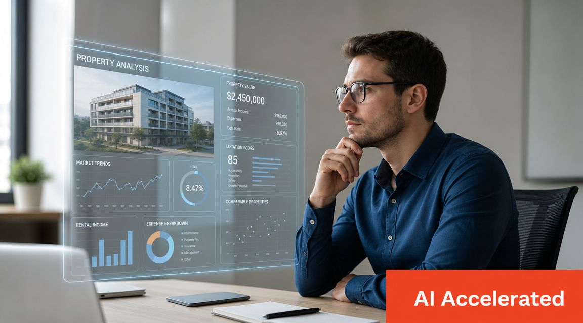 A professional analyzing real estate data on a digital holographic display while sitting at an office desk.