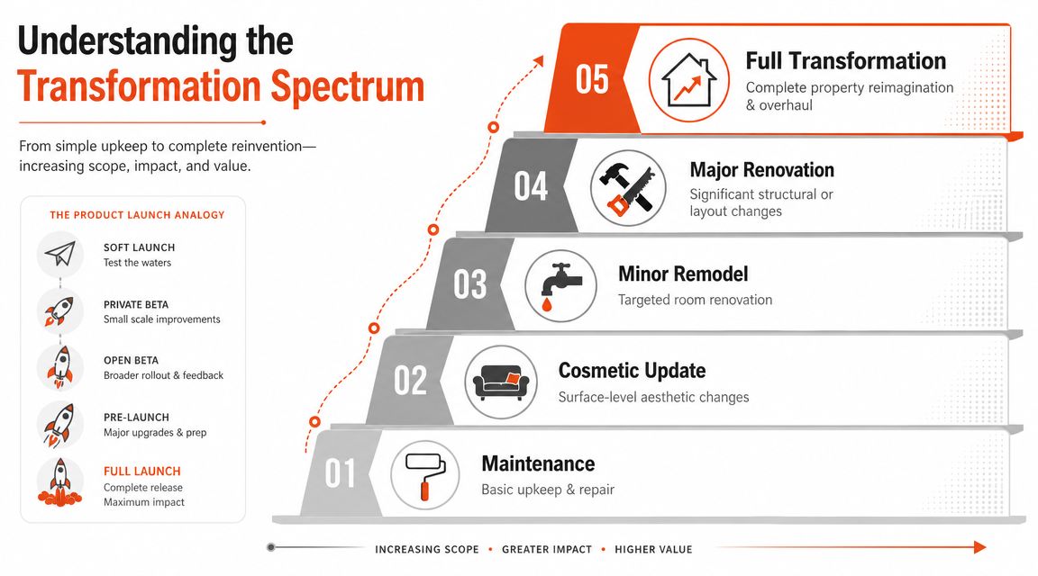 A diagram illustrating the Transformation Spectrum, ranging from basic maintenance to full property renovation and transformation.