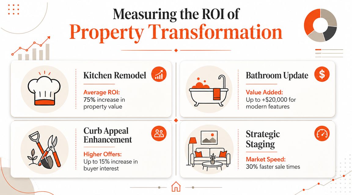 An infographic detailing the return on investment for various property transformation improvements like kitchens and bathrooms.