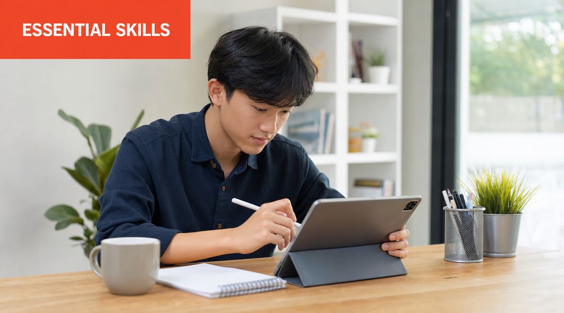 A young Asian student studying on a digital tablet at his desk in a modern home office.
