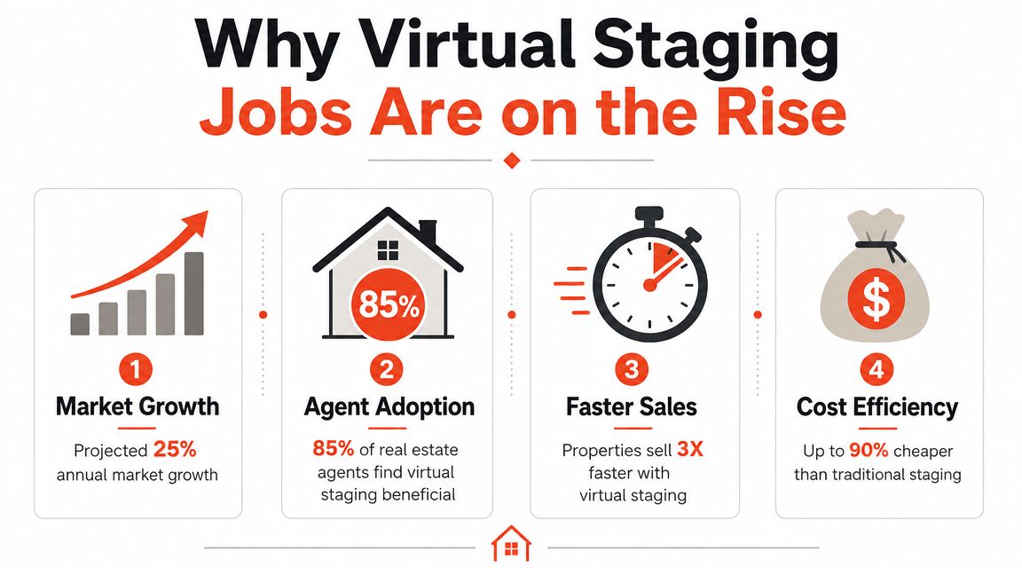 An infographic showing four key reasons why demand for virtual staging jobs is increasing rapidly.