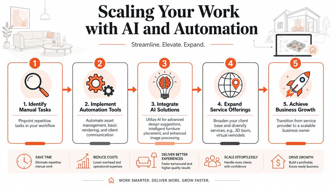 An infographic showing a five-step process to scale interior design work with AI and automation tools.