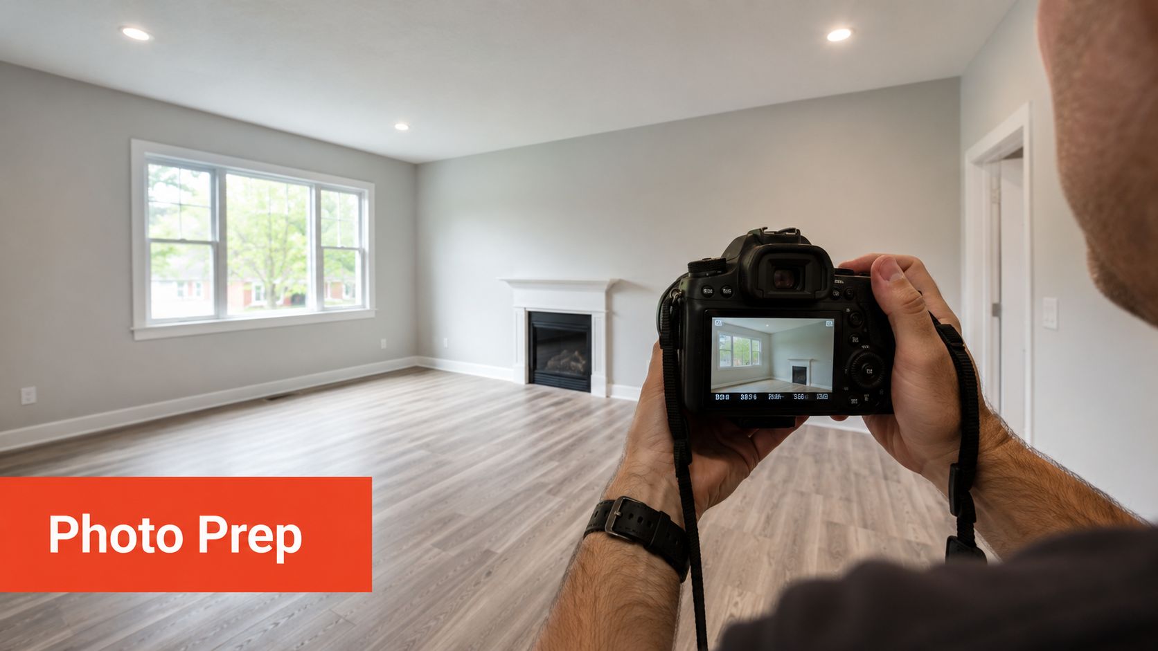 A photographer holds a professional camera to capture an image of an empty, staged living room.